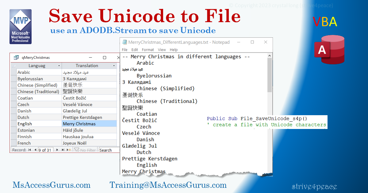 Use VBA to Save Unicode characters stored in database fields to a file