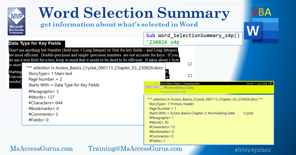 selection summary information for 2 different selections in a Word document 