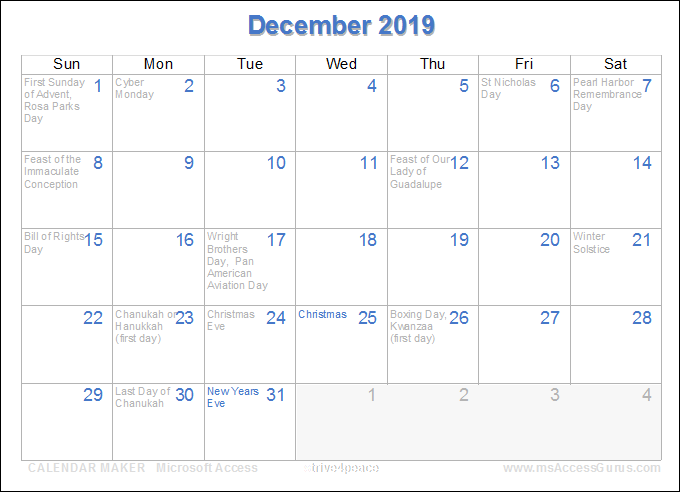 Holiday Calendar for December 2019