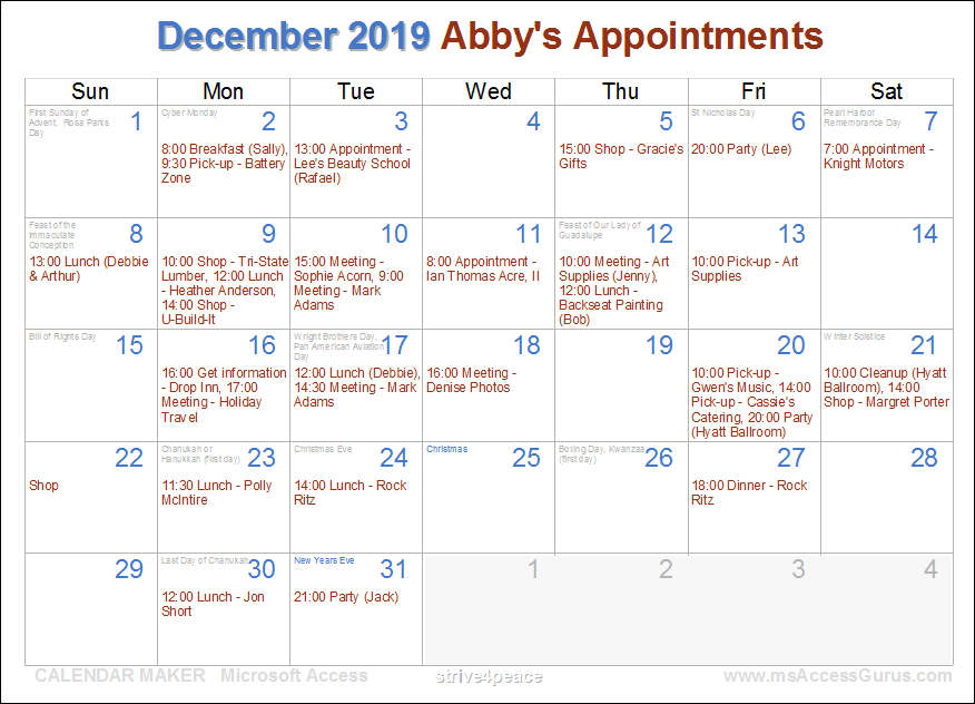 Holiday and Appointment Calendar for December 2019