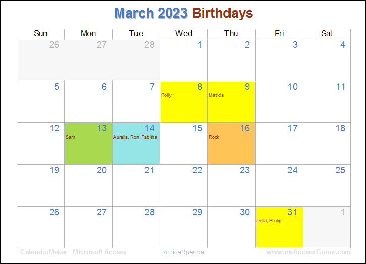 CalendarMaker with day colors