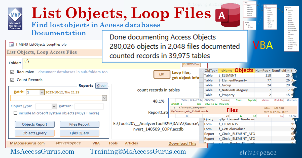 Menu form and results to List Objects and Loop Files to Document Access objects in your databases