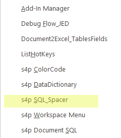 image of SQL Spacer on the Add-ins menu