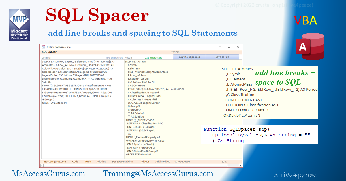 image of Menu form for SQL Spacer to Add line breaks and spacing to SQL statements