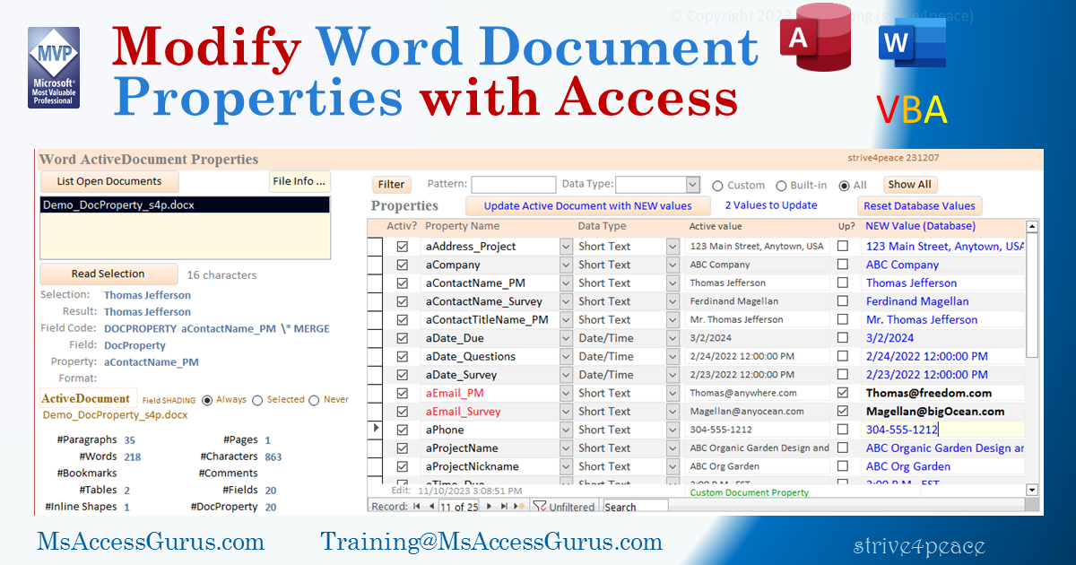 form in Access to modify Word Document Properties and get information about selection and document