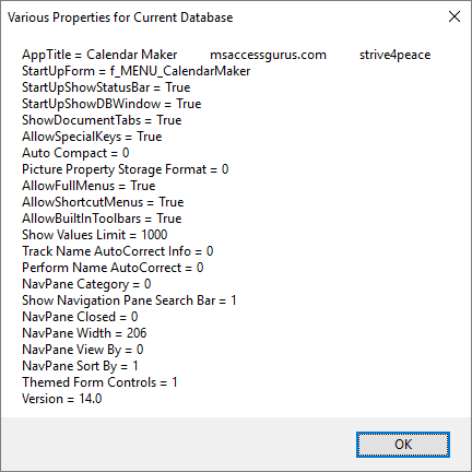 various current database Properties