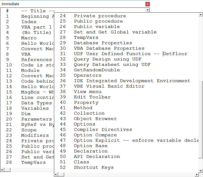 slide numbers and slide titles in the Debug Window