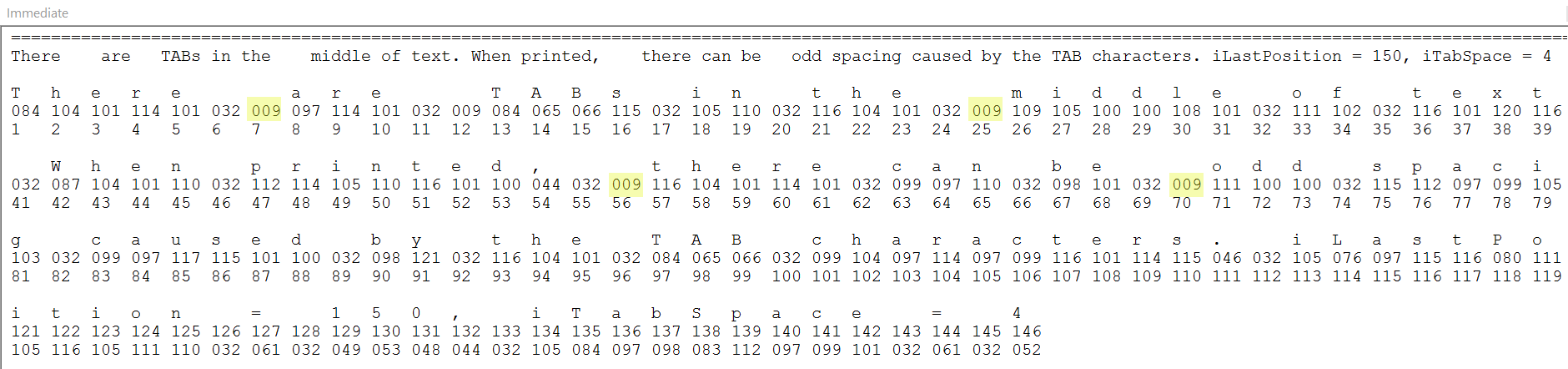 text with TAB characters in odd places