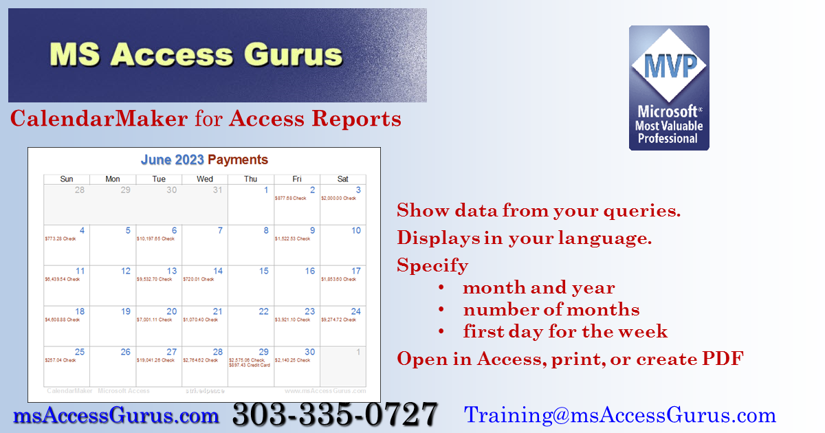Draw Calendars on Access Reports using the free CalendarMaker