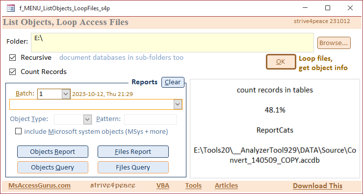 image of Menu form for List Objects, Loop Files and document Access objects