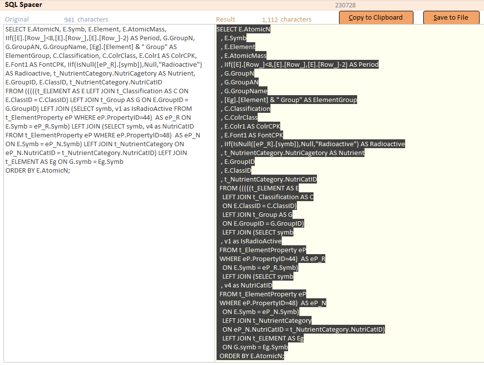 image of Menu form for SQL Spacer